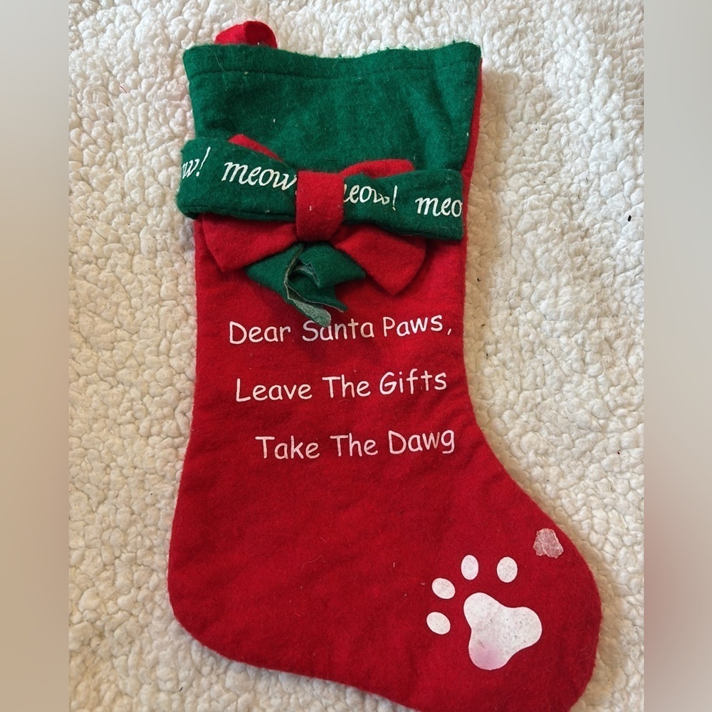 Red and Green Christmas Stocking with Bow for cat